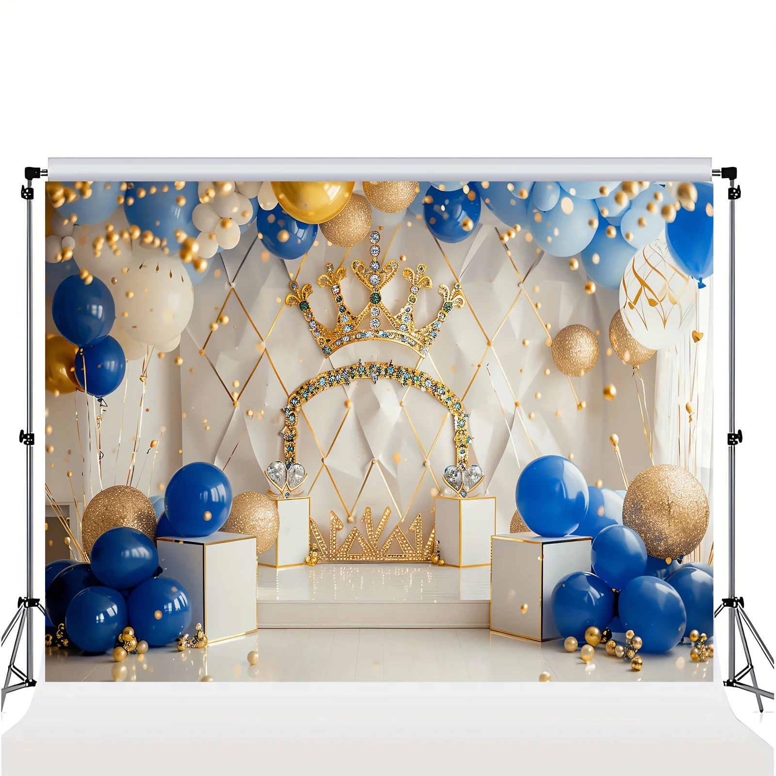 Royal blue and Gold King Crown party background, 1st birthday polyester banner, Prince Shower cake smash decoration