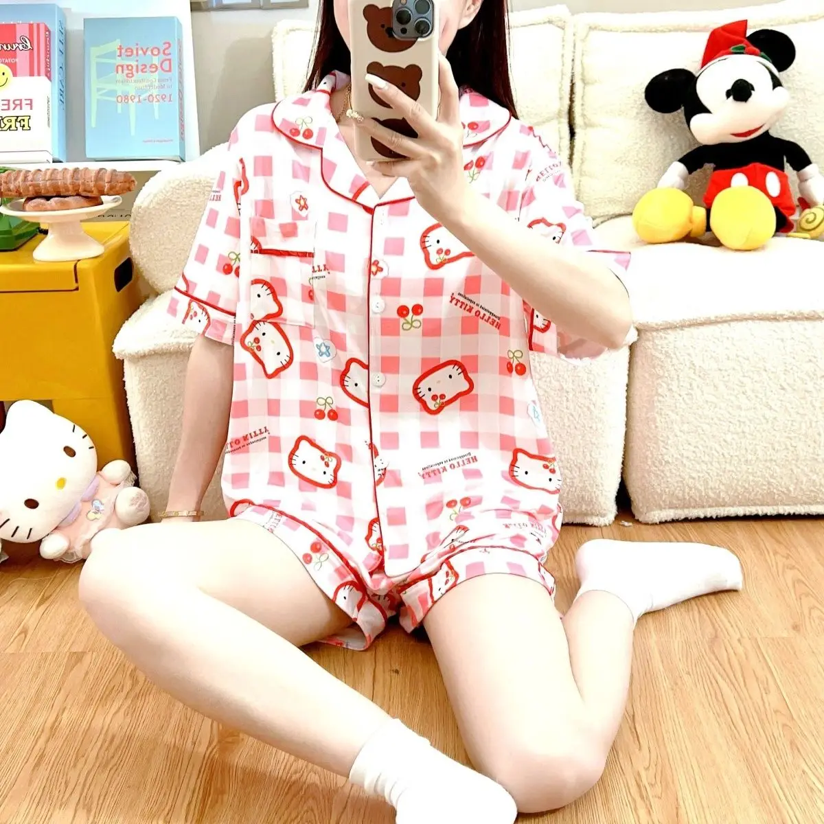 Ensemble pyjama 2 pièces pour femmes, dessin animé, Kawaii, été, filles, revers, demi-manches, short, mode décontractée, Anime étudiant, vêtements de maison Kawaii