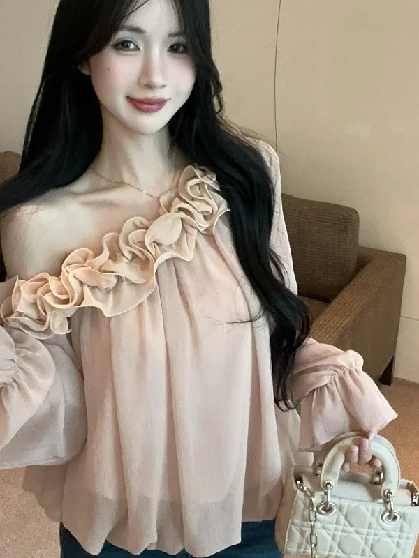 

Элегантная женская блузка с открытыми плечами и длинными рукавами из струящегося шифона, свободного кроя, осенний нежный стиль, с цветочным кружевом, топ Nicole Rose