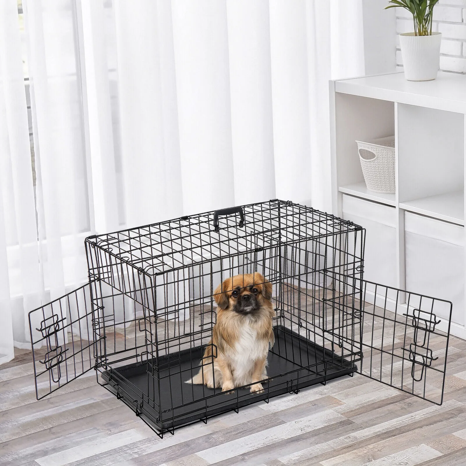 

30" Folding Metal Dog Crate Cage Double Doors Dog Crates Durable Black Pet Crate United States