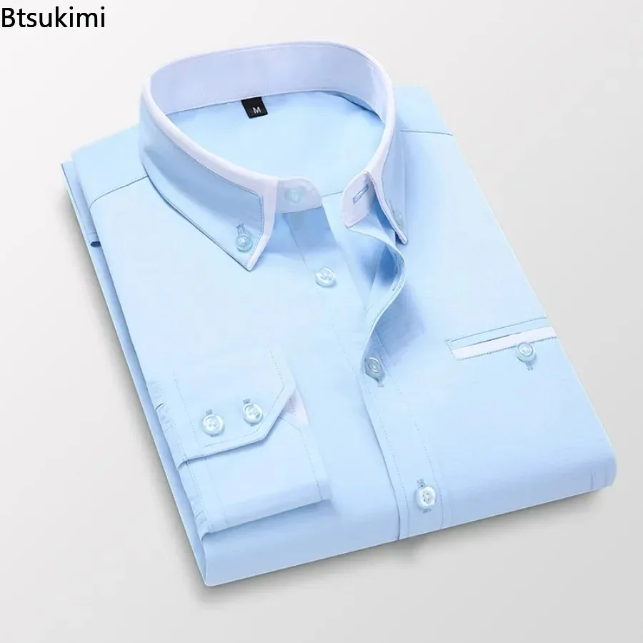 2024 Men\'s Formal Business Office Dress Shirt Solid Long Sleeve Button Up Shirt Turn-down Collar Club Party Shirts Mens Clothing