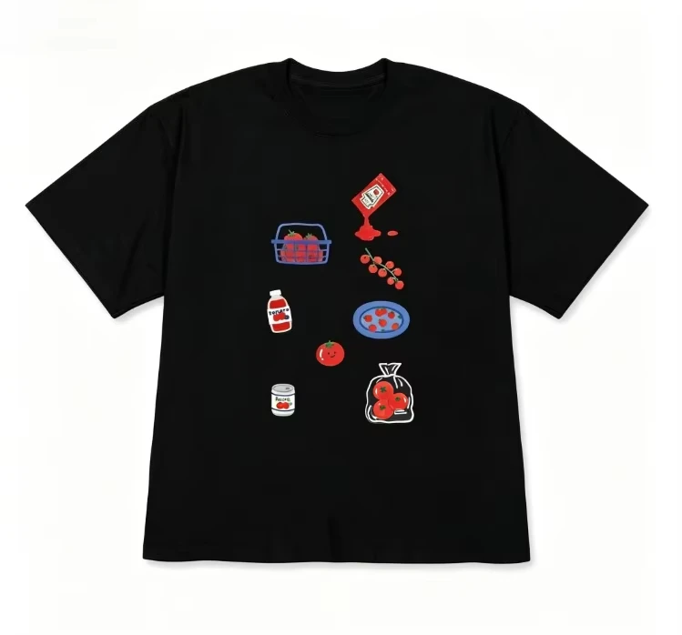 Unisex Korean Style Crew Neck Tee, Kawaii Hand-Drawn Tomato Food Graphic Print Casual Versatile Short Sleeve T-shirt