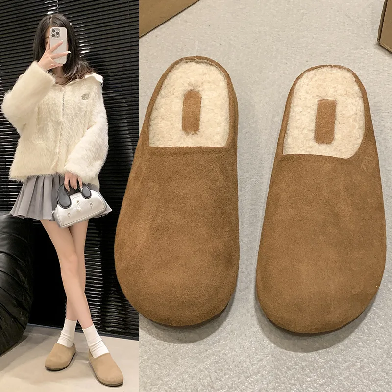 

Leather Thick Bottom Home Slippers For Outer Wear 2024 New Autumn/Winter Outdoor Indoor Household Flat Bottom Velvet Slippers