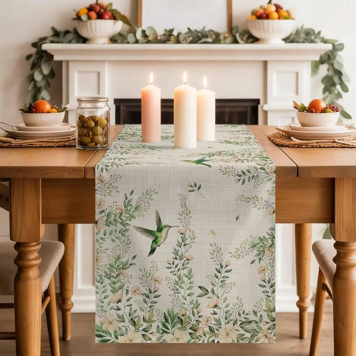 Spring Flowers Birds Linen Table Runner Wedding Decorations Summer Floral Hummingbird Kitchen Dining Table Runners Party Decor
