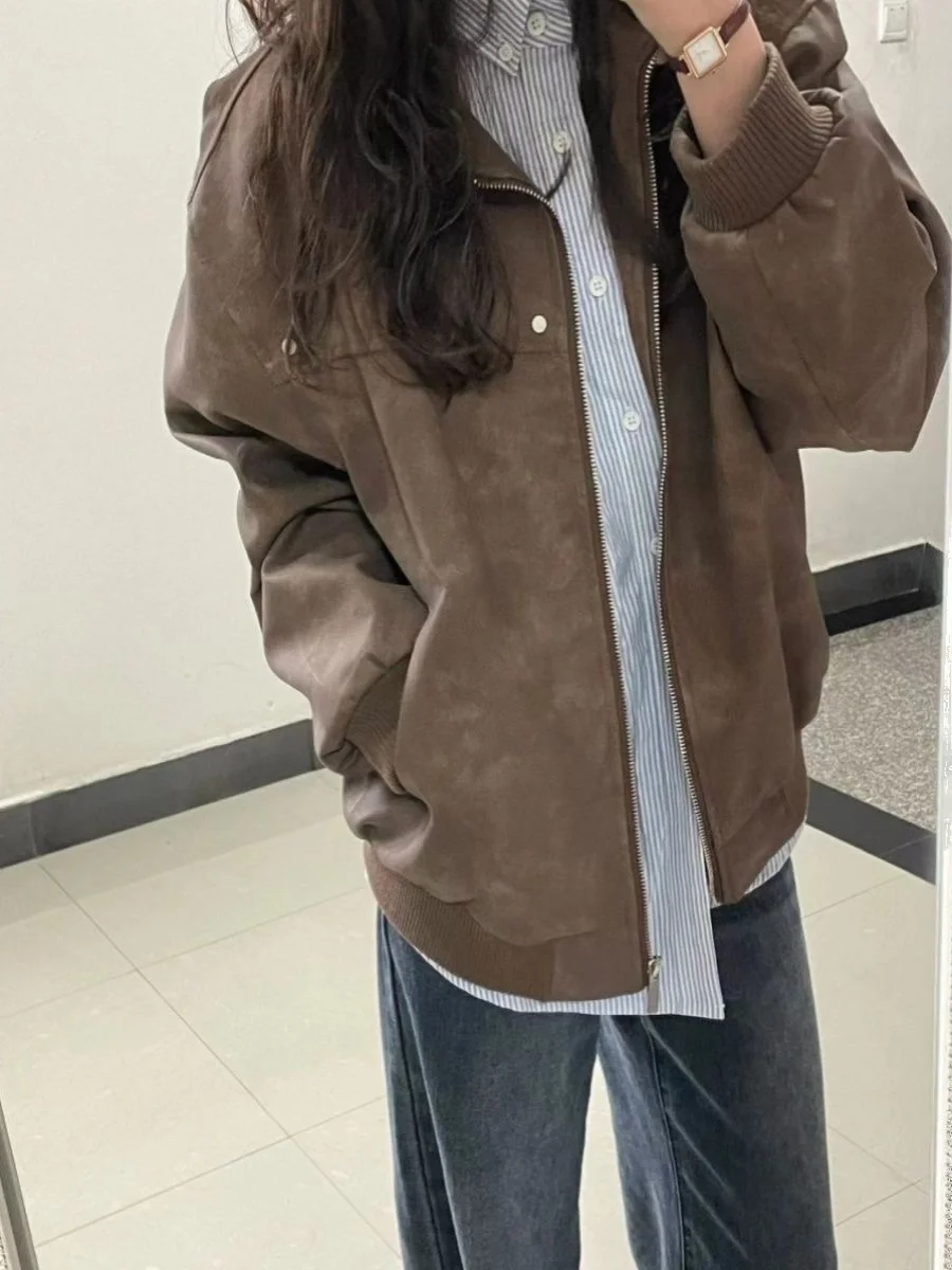 Cappotto Jaet in pelle da donna American Sle Colletto rovesciato vintage High Street Versatile coppia allentata Jaet da baseball alla moda