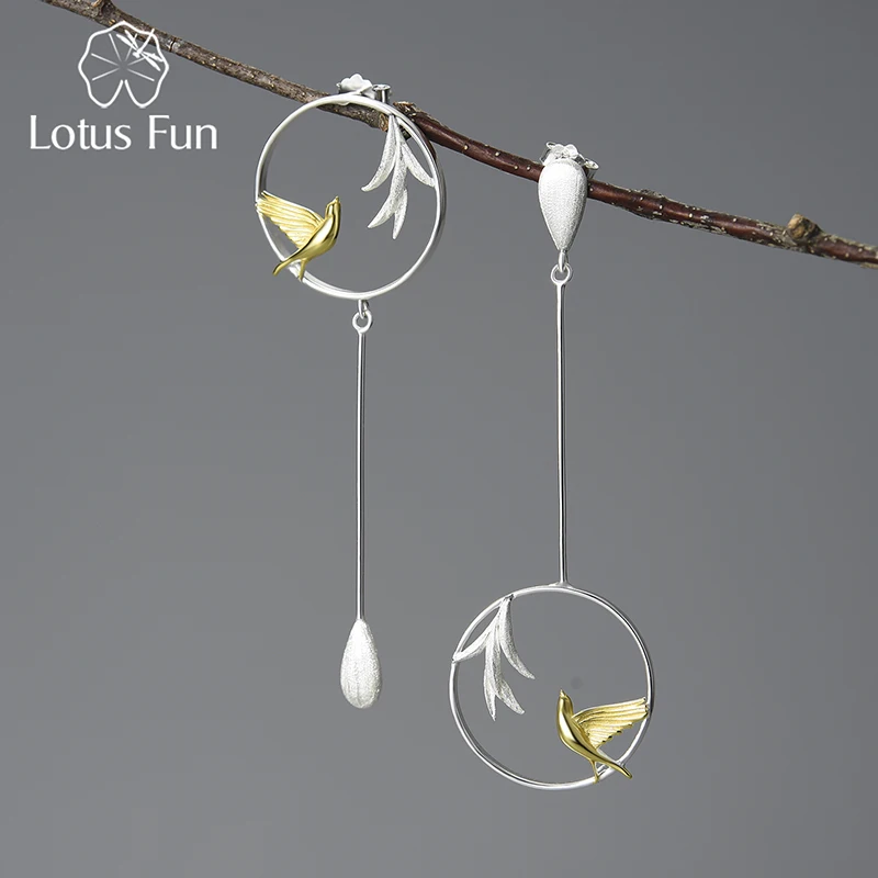 Lotus Fun Real 925 Sterling Silver Swallow and Willow in Spring Wind Long Asymmetrical Dangle Earrings for Women Fine Jewelry