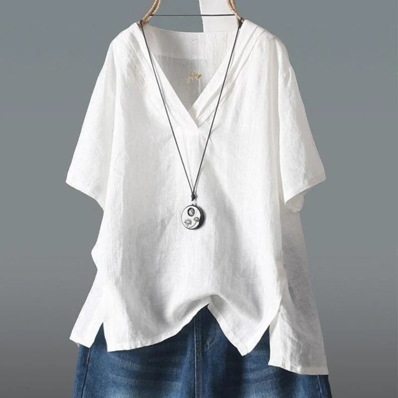 Fashion V-Neck All-match Solid Color Casual T-Shirt Female Clothing 2023 New Oversized Loose Commute Tee Shir