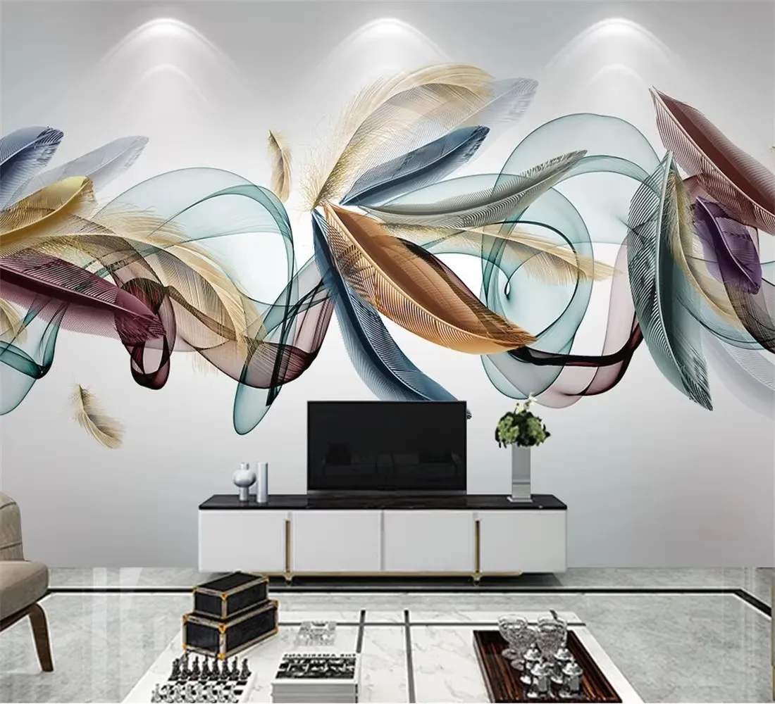

Customized Wallpaper Nordic modern light luxury hand-painted feather abstract smoke living room background wallpapers home decor