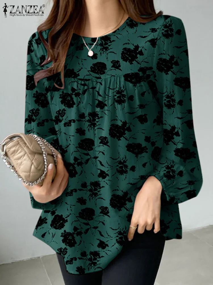 

Осень 2022, блузки с цветочным принтом ZANZEA, женские элегантные блузки с длинными пышными рукавами и круглым вырезом, блузки Mujer, повседневная одежда для поездок на работу, топы