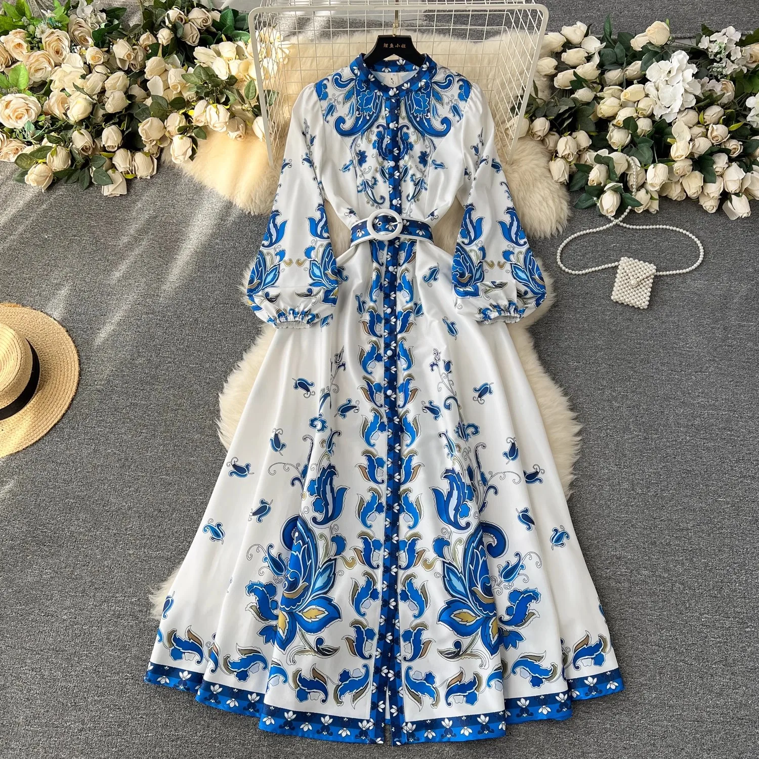 

2024 Women Dress Clothes Spring Runway Stand Long Lantern Sleeve Retro Floral Print Belt Buttons Down Maxi Robe Vestidos 2409