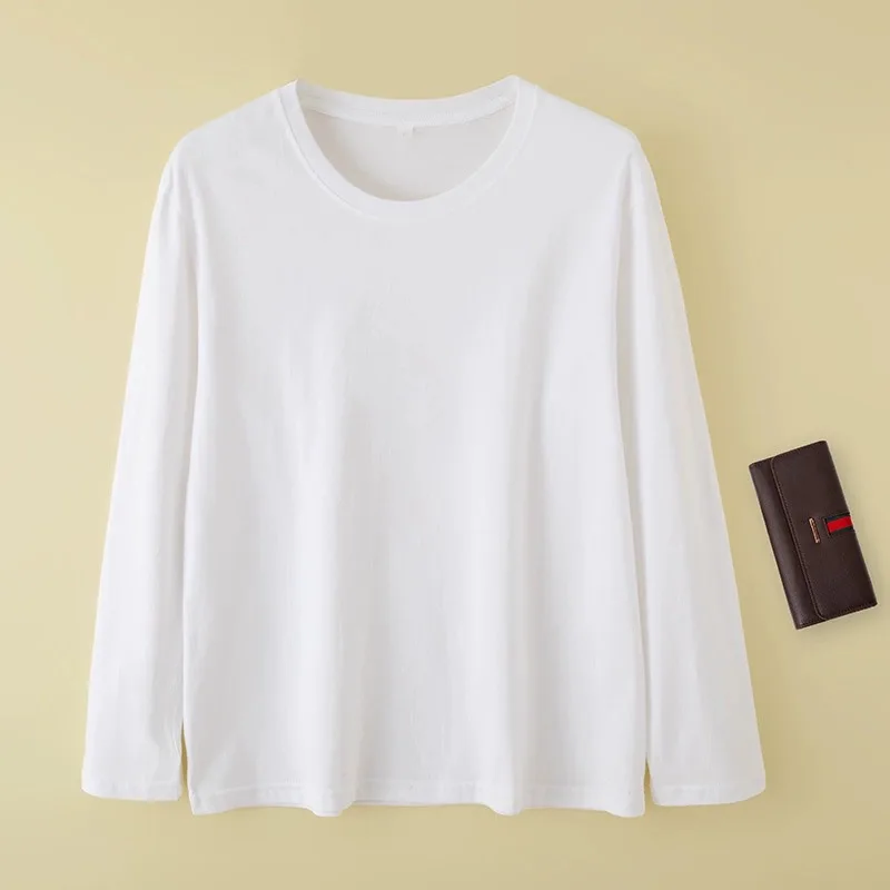 الأبيض القطن الخالص طويل Sve تي شيرت المرأة ربيع الخريف سليم صالح الأساسية بلا ملابس داخلية قاعدة طبقة irt تخفيف Sle #1