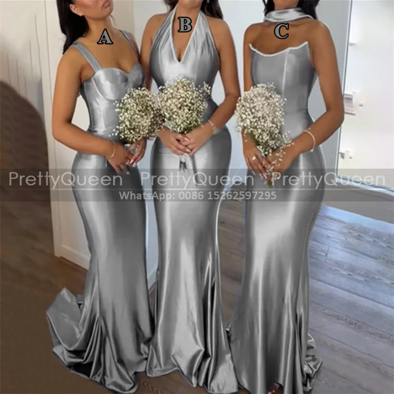 

Customized Mermaid Bridesmaid Dresses Deep V Neck Spaghetti Straps Long Gray Sheath Wedding Party Dress Maid Of Honor