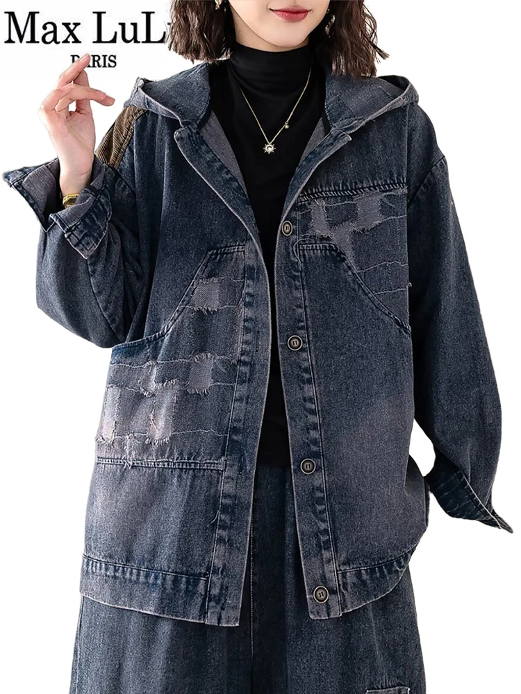 Max LuLu Spring Luxury Denim Clothes Womens Fashion Loose Hooded Jackets Ladies Casual Vintage Patchwork Coats Classic Outerwear