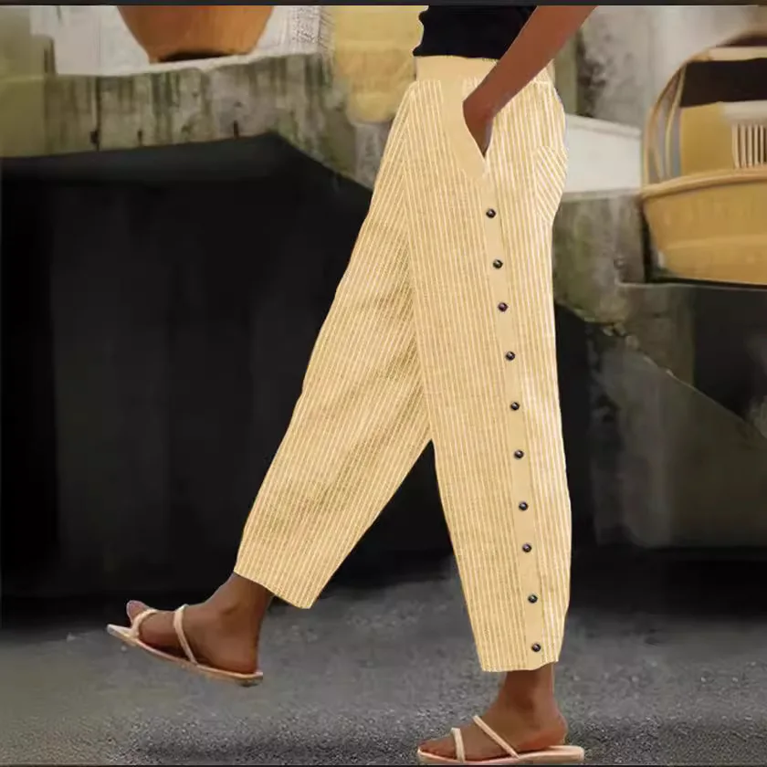 Summer Women's Striped 9-point Pants Fashion Button Elastic Waist Pocket Casual Thin Versatile Basic Pants