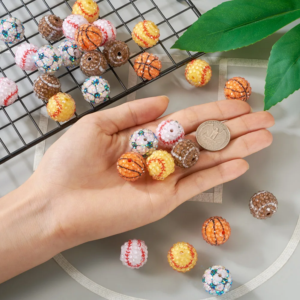 30Pcs Basketball & Football & Baseball Pattern Resin Rhinestone Beads Round Mixed Color for Making DIY Bracelet Neckalce Jewelry