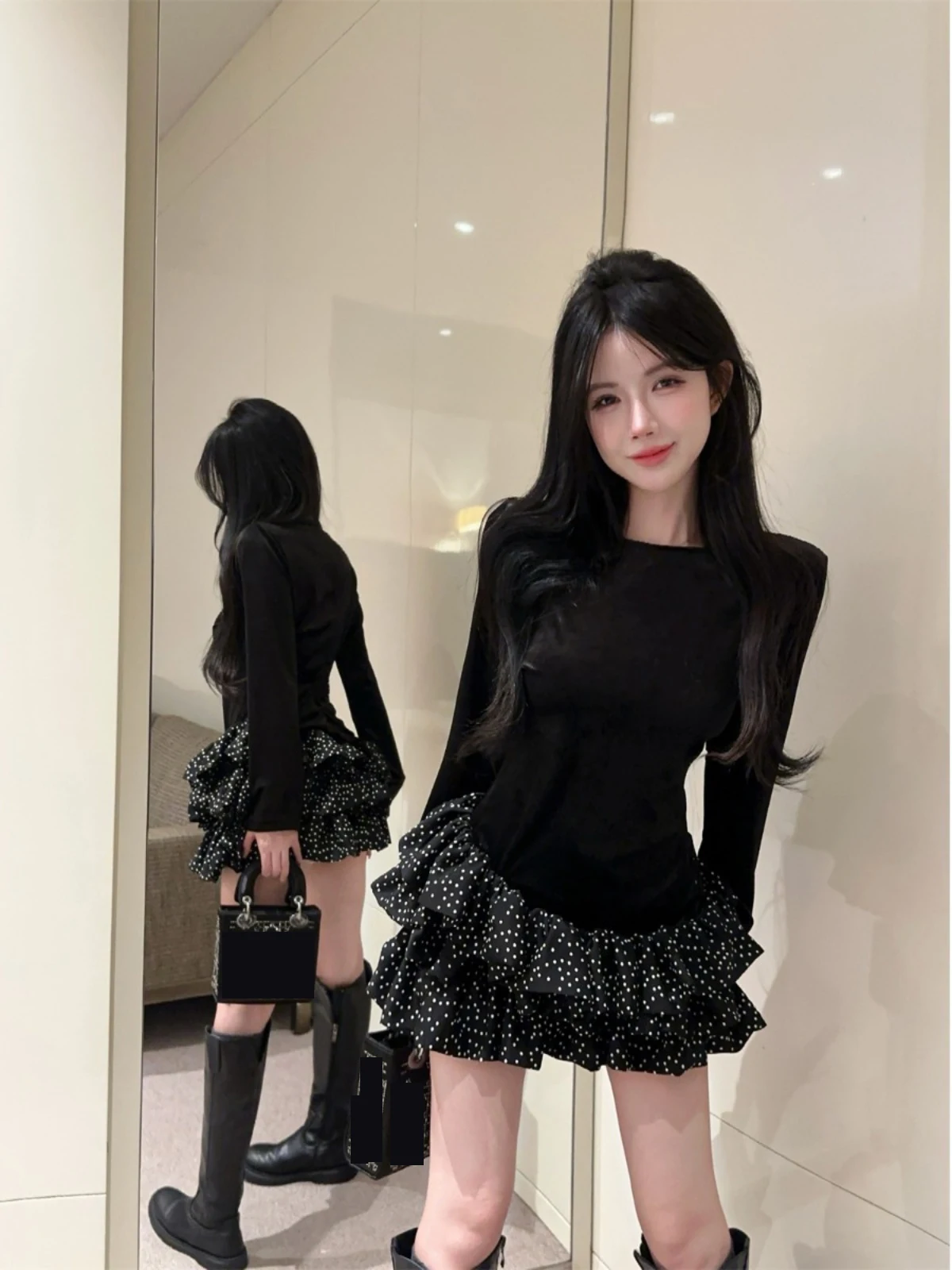 New Splicing Design Velvet Long Sleeve Cake Dress Spring Autumn O-neck Slimming Fit Wave Point Lotus Leaf Edge Short Dresses