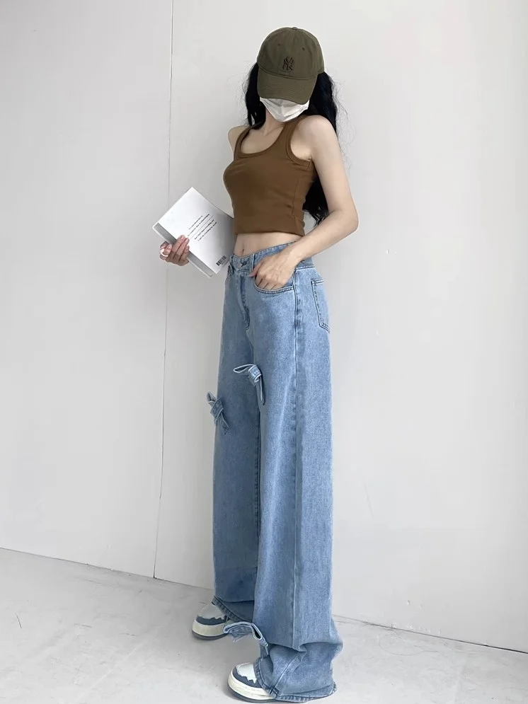 Koreaanse Sle Knot Vintage Distred Wijde Pijpen Jeans Dames Zoete Pittige Afslankende Lange Broek Herfst 2024