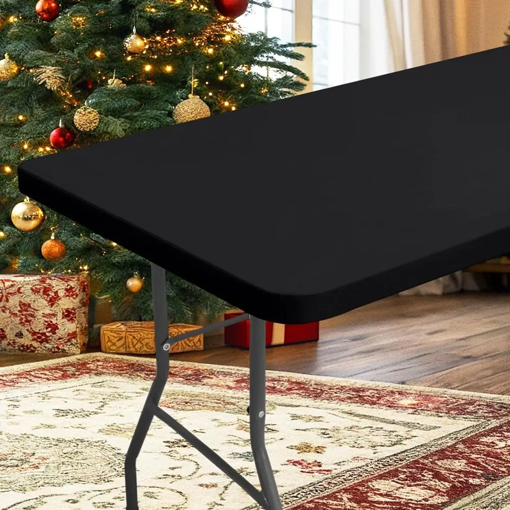 

Black Waterproof Polyester Elastic Tablecloth, 30 x 72, Fits 6-Foot Folding Tables, Washable Outdoor Protector for Picnics & Cam