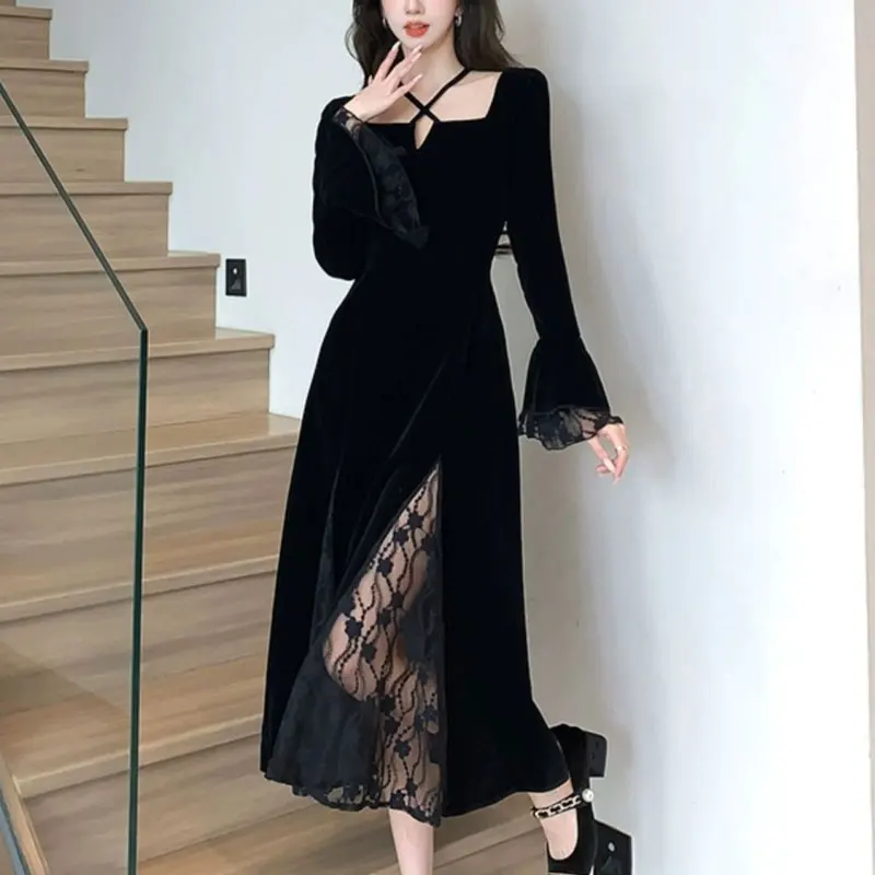 

French Style Square Collar Halter Dresses Spring Autumn A-Line Stylish Patchwork Basic Female Clothing Aura Elegant Midi Dress