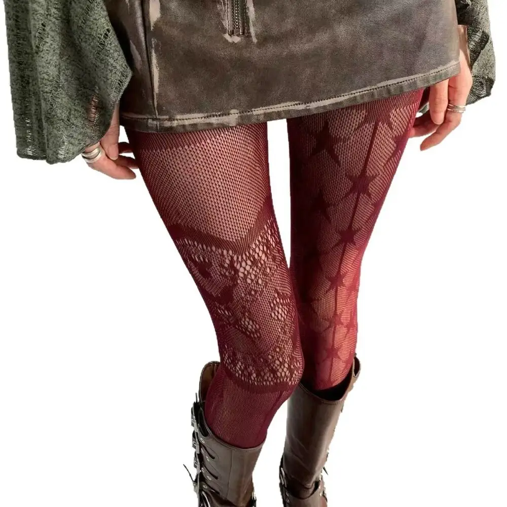 Y2k Female Sexy Silk Stockings Ultra-thin Five-pointed Star Print Lace Fishnet Stockings High-waisted Breathable Mesh Pantyhose