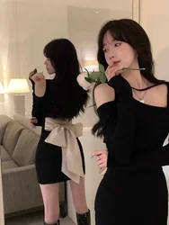 Off Shoulder Woman Long Sleeve Dress Black Short Bow Birthday Mini Dresses for Women Autumn and Winter New in Elegant Beautiful