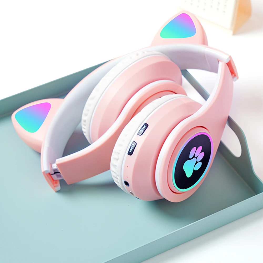 Cute Cat Wireless Headphones RGB Cute Cat Ears Headset With Microphone Noise Cancelling Kid Stereo Music Children\'s Gifts