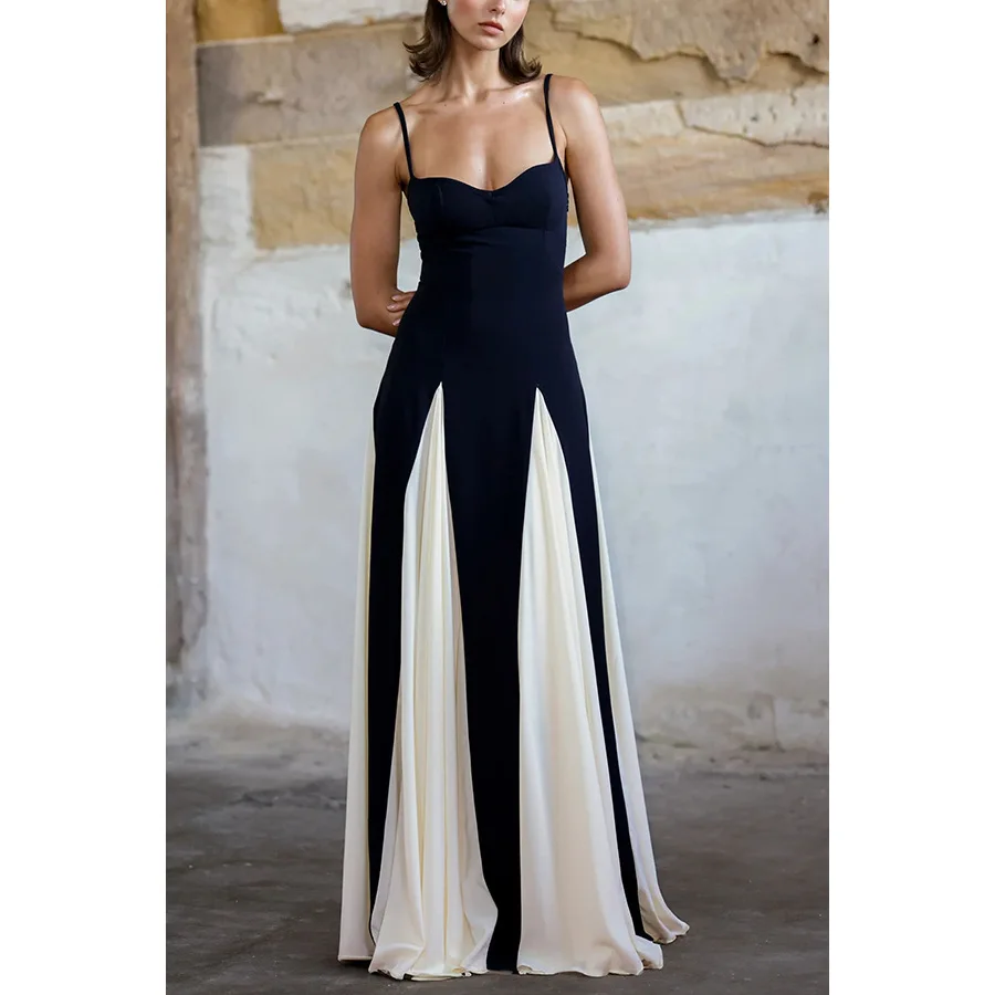 

Black And White Color Matching Spaghetti Strap Dresses Women Fashion Temperament Party Dress Sexy Low Cut Backless Long Vestidos