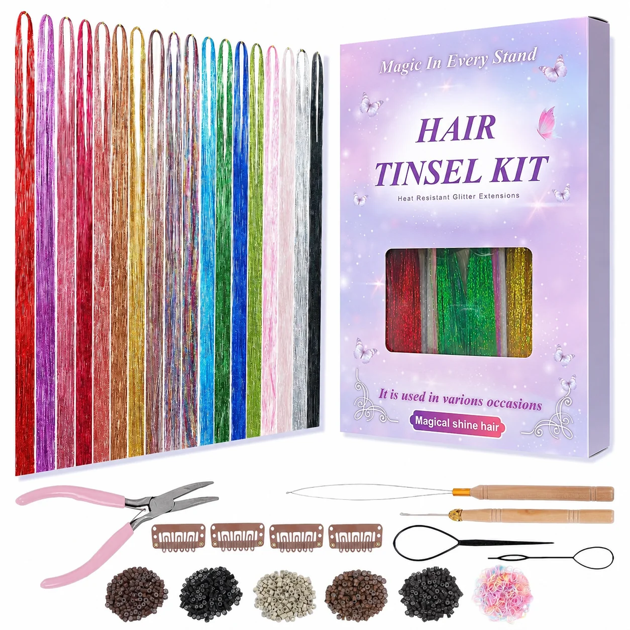 18 Colors Fairy Hair Tinsel Gift Box Set, Sparkly Glitter Hair Extensions with DIY Tools, Colorful Shimmer Hair Accessories for