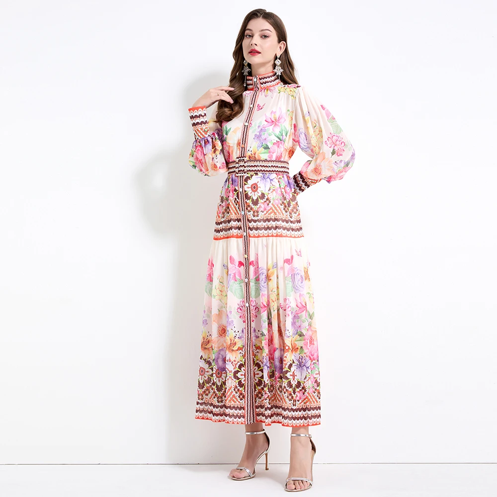 Origineel ontwerp 2025, Court Sle Retro bloemenprint, lange Sve gaas, tweedelige set met midi-rok met kanten zoom Ele Ladylike