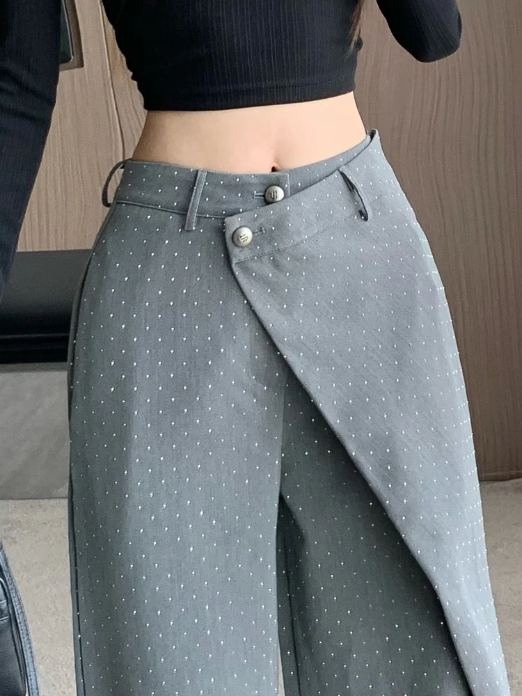 

Высококачественные костюмные брюки, женские летние дизайнерские брюки с горячим тиснением и бриллиантами, из двух частей, нерегулярные лоскутные брюки с высокой талией длиной до пола