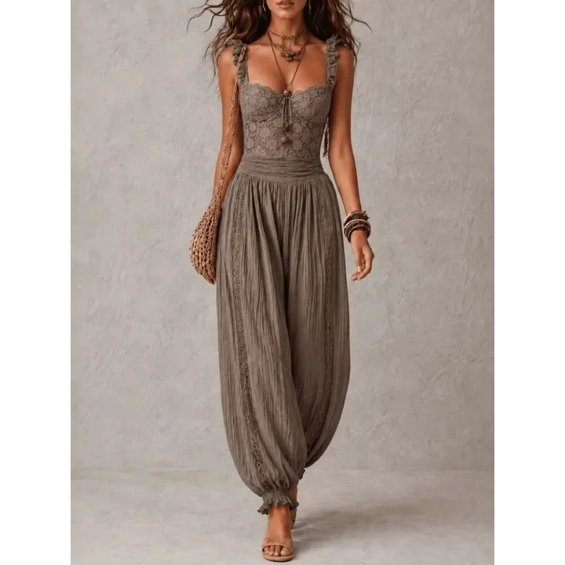 Elegantes Monos sin Mangas con Encaje y Parches para Mujer, con Tirantes Finos, Fruncidos, de Pierna Ancha, de Una Pieza, Ropa Boho para Vacaciones de Verano