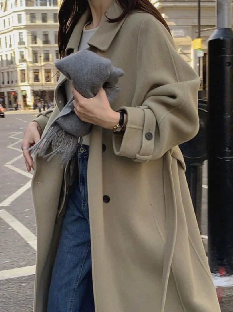 

Ele Chic Cotton Blend Woolen Coat Women's Loose Fit Long Sve Mid-Length Belted Lapel Jaet Faionable Winter Outerwear