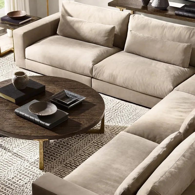 Modern simple cowhide three-person sofa rural retro living room home tofu corner sofa