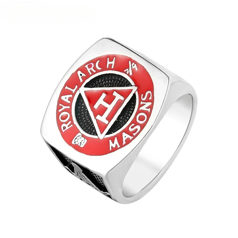 CHUANGCHENG Personalized Vintage Triangle Red Freemasonry Men's Stainless Steel Rings Sizes 7-13