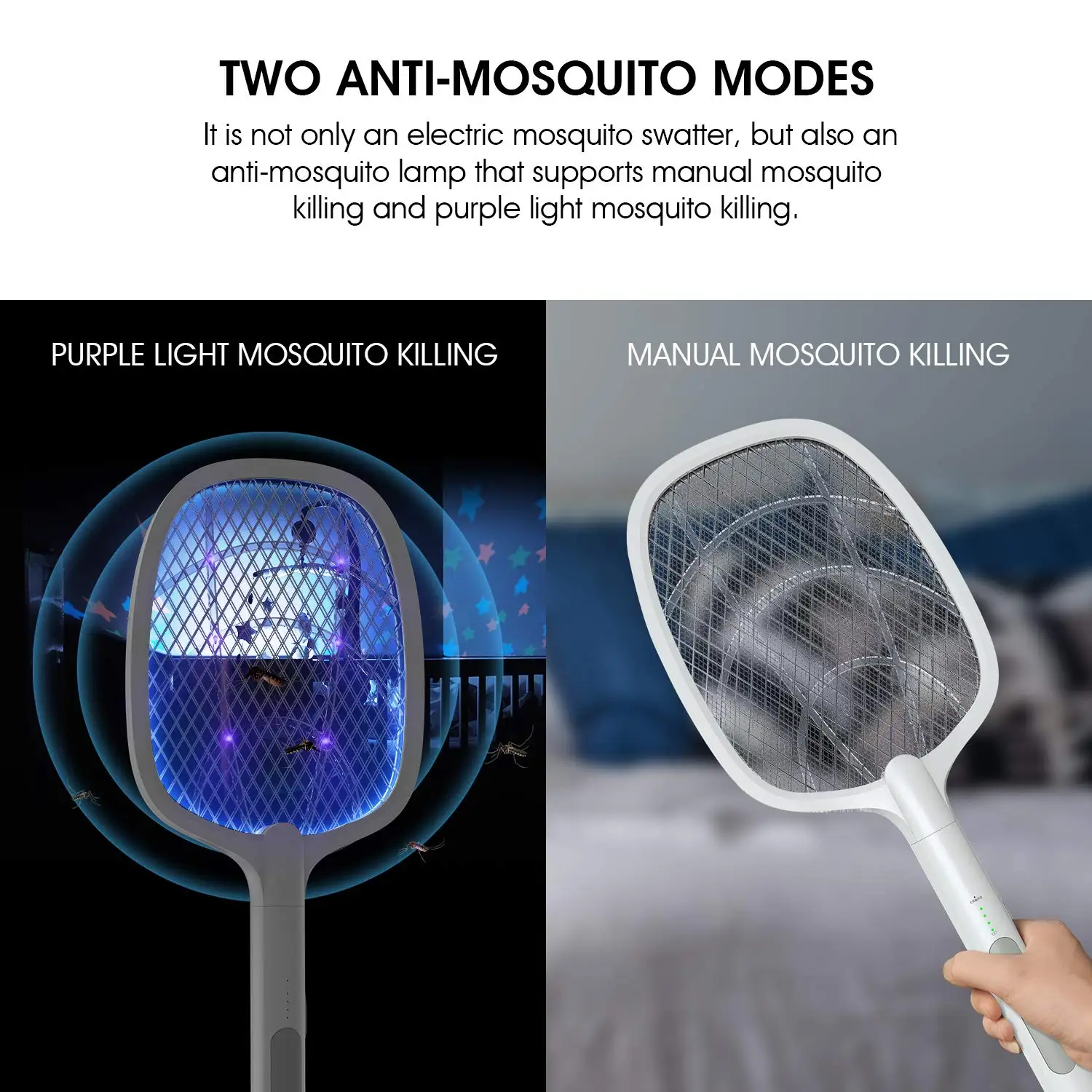 2 in 1 Electric Fly Swatter UV Led Mosquito Killler with Base Holder USB Rechargeable Fast Pest Control for Home Outdoor Camping