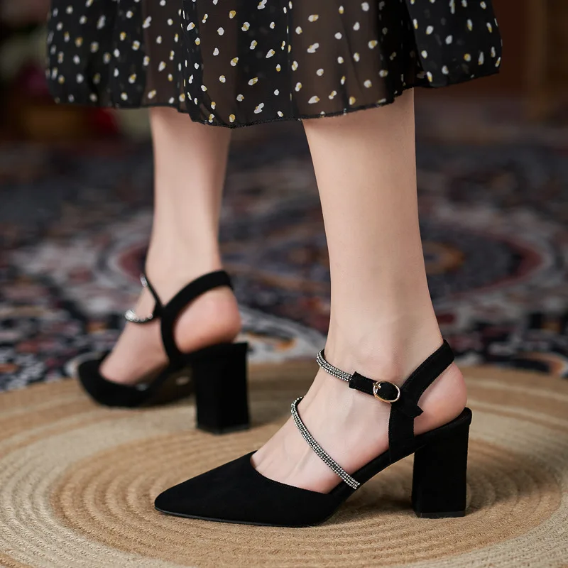 

Large Size 30-44 Summer New Pointed Chunky Heel High Heels Buckle Rhinestone Black Sandals Women