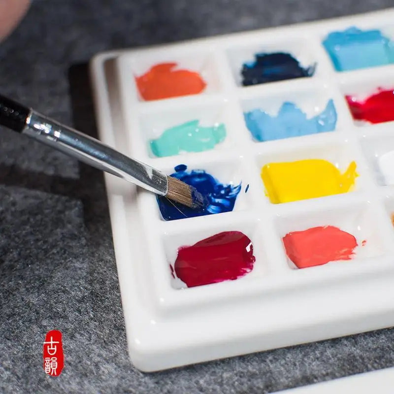 Chinese Style 12-Well Ceramic Gouache Watercolor Paint Palette with Lid Coloring Washable new