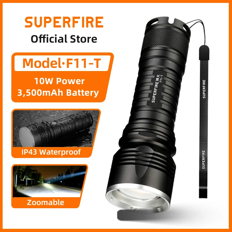 SUPERFIRE F11-T 10W Rechargeable Flashlight Zoomable Waterproof Torch Super Bright Light for Hiking Camping Emergency Lantern