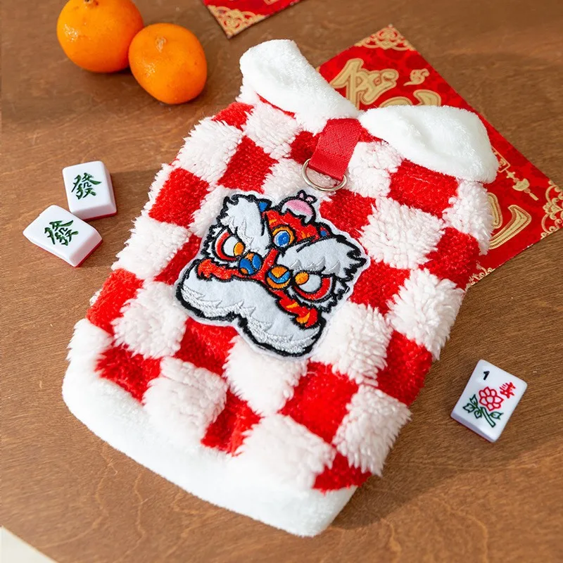 Red NEW YEAR Dog Winter Clothe Lovely Chessboard Puppy Knit Sweaters Warm New Year Clothing for Cats French Bulldog Pet Supplies