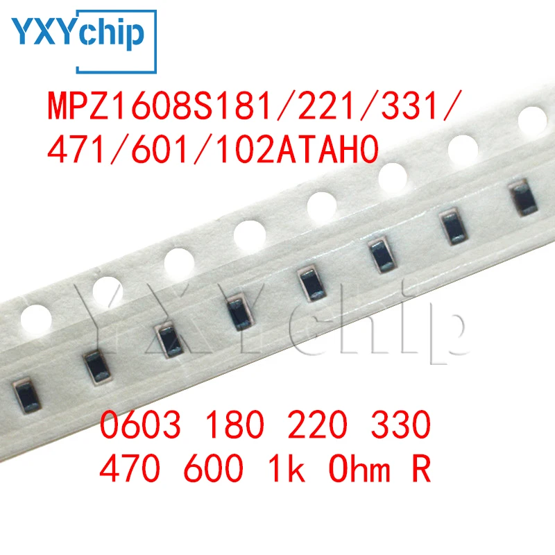 100pcs 0603 180 220 330 470 600 1k Ohm R High Current Smd High Frequency Ferrite Bead Mpz1608s181/221/331/471/601/102atah0