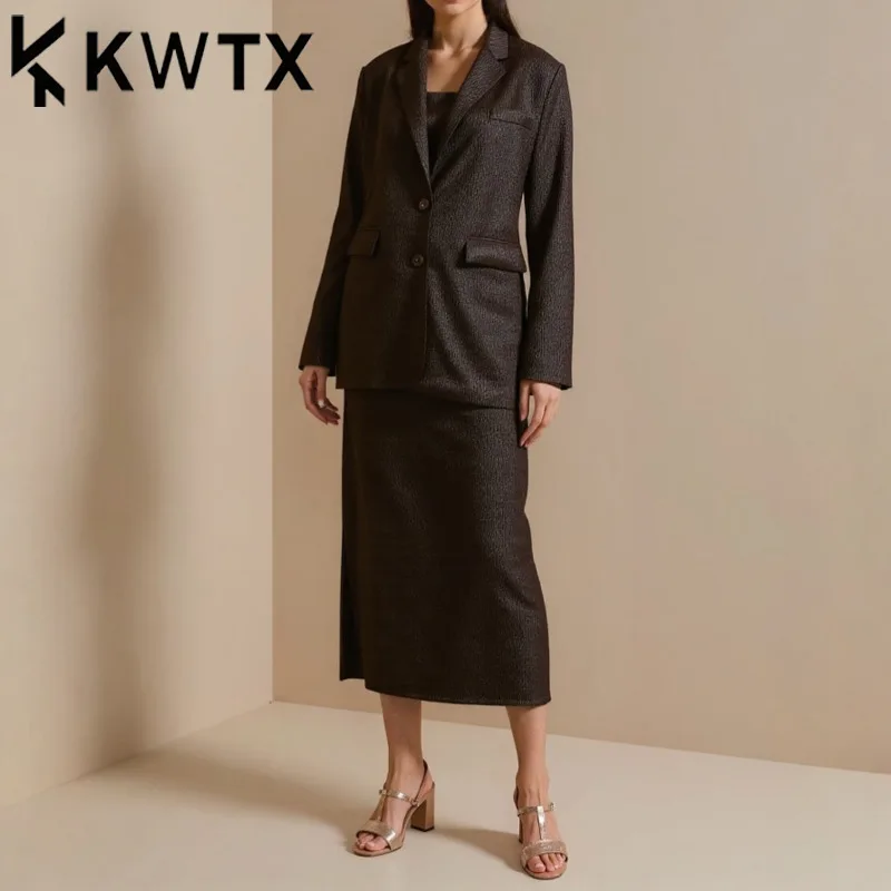 

KWTX женский комплект из двух предметов, кофейно-коричневое повседневное платье и куртка, элегантный винтажный роскошный дизайн, стильный наряд SS 2025