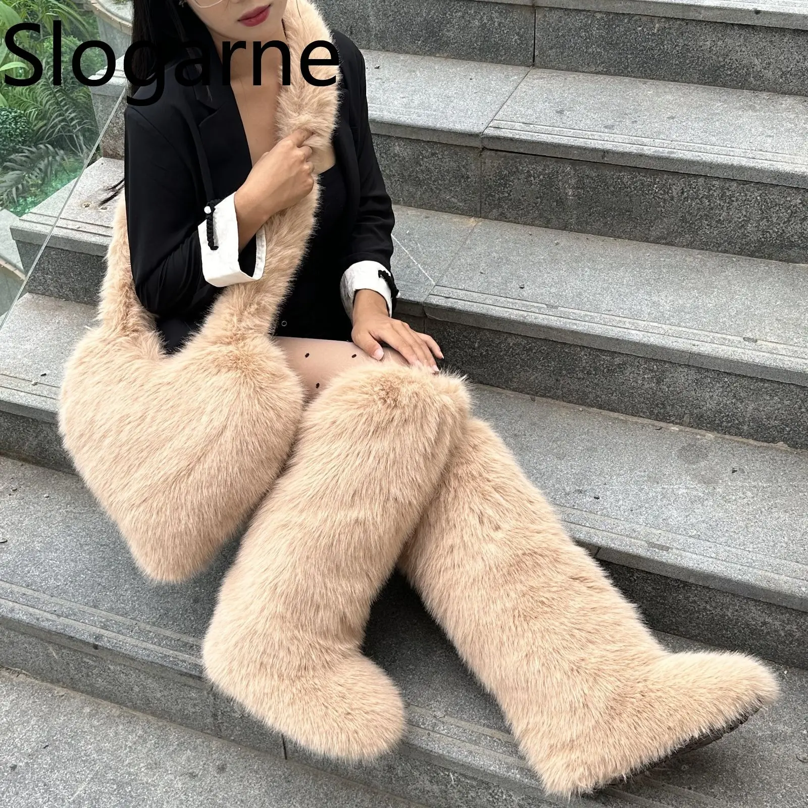 

Сапоги до колена и комплекты сумок, женские роскошные пушистые длинные зимние сапоги, меховые сумки на плечо, зимние модные костюмы, теплая плюшевая обувь