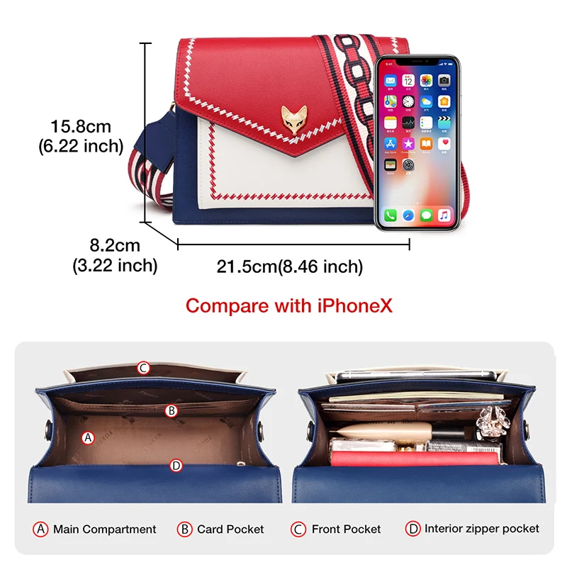 FOXER-Sac à Bandoulière en Cuir Fendu pour Femme, Sacoche à Rabat, Coloré, de Styliste, à la Mode
