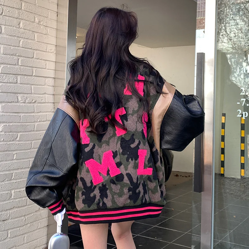 Kurtki baseballowe z literą M damskie wygodne kontrastowe z przeszyciami młodzieżowe ze skóry bydlęcej w stylu cargo petite casual ocieplane sportowe