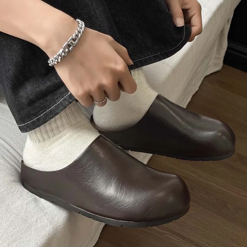 Platform Backless Mules Half Drag Loafer Slippers Open-back Casual Shoes for Man Summer Leather Flats Sneakers Slides Sandals