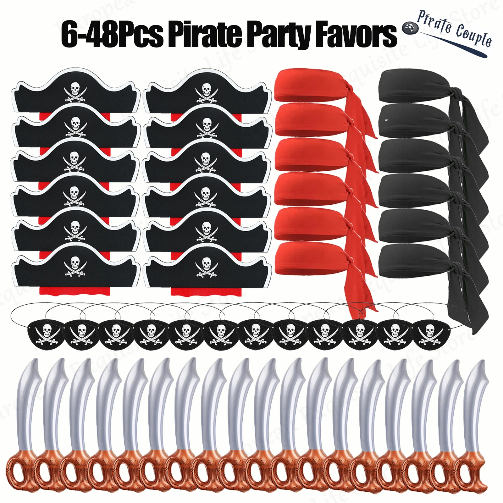 6-48Set Pirate Party Favors for Kids Birthday Gift Pirate Hat Inflatable Sword Eye Patches Decor Props Halloween Costume Cosplay