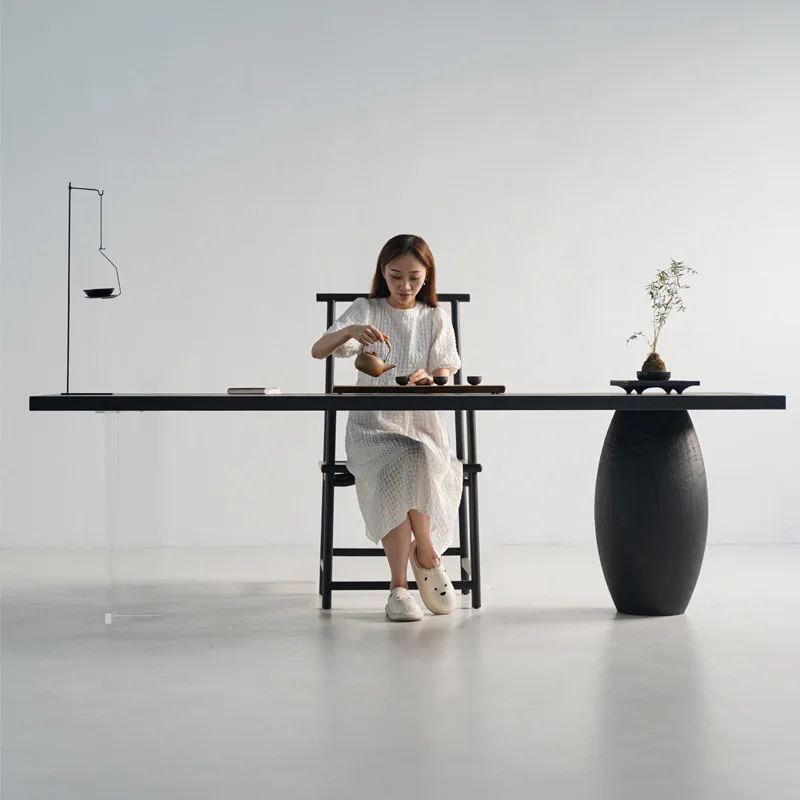 Wabi Sandy Wind Solid Wood Dining Table Black Household Carbonized Ash Wood Meeting Guests for Eating Multi-purpose Tea Table Re