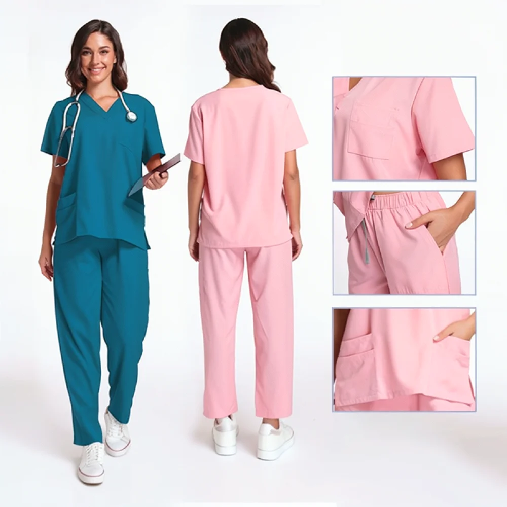 Women Scrub Set V Neck Short Sleeve Uniform Breathable Medical Workwear For Nurse Doctor Dental Lab Clinic Office