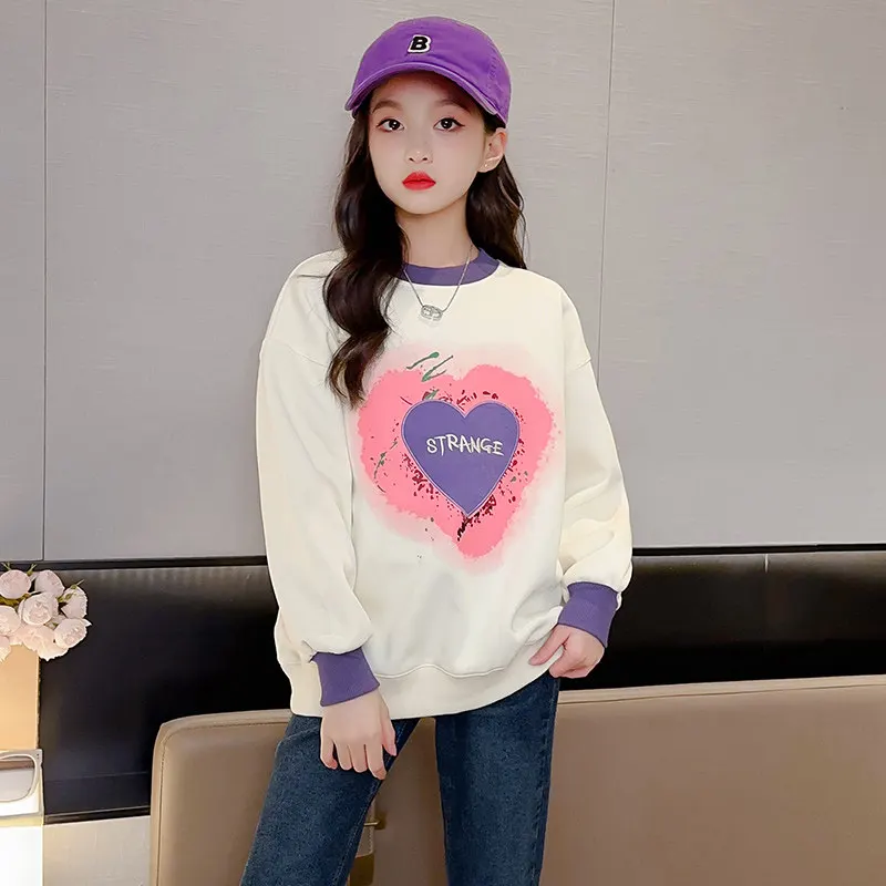 10 12 13 Years Girls Heart Sweatshirt 2025 Autumn New Fashion Casual Pullovers Tops for Kids Sportswear Teens Children's Clothes