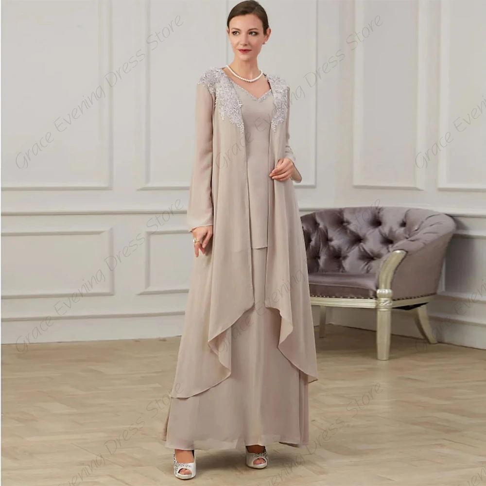 Ankle Length Charmpagne Mother of Bride Dresses with Lace Full Sleeve Wedding Party Gown for Wedding 2023 Robe De Soirée Summer